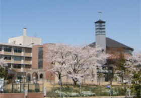 桜木越しに校舎を臨む画像